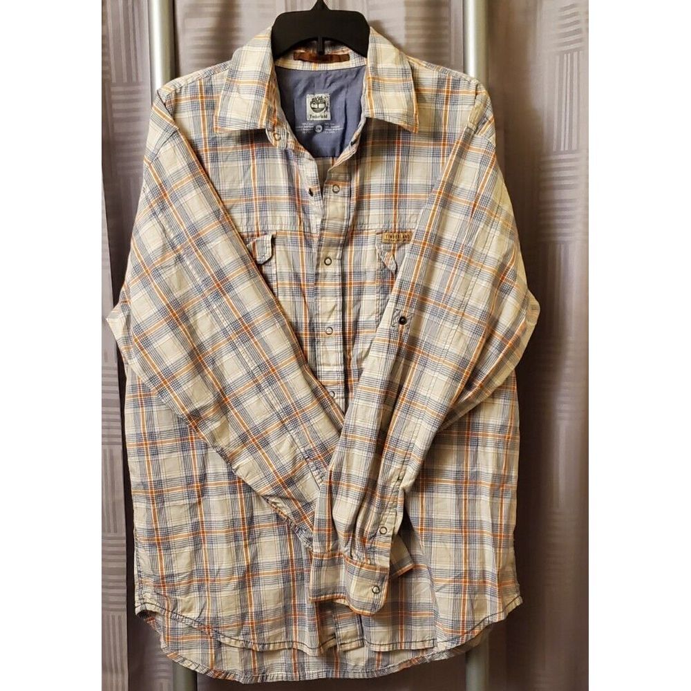 Timberland Mens Shirt Large Blue Plaid Button Up Snap Front Long Sleeve Cotton